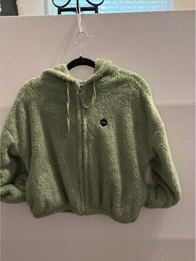 RVCA Women's Sage Green Sherpa Zip Hoodie with Hood and Drawstrings, Size M/L